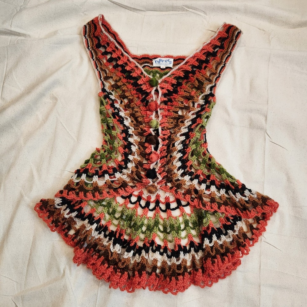 Vintage Harp-Ees Crochet Vest Tank Top Womens Medium Retro Open Knit Peplum M